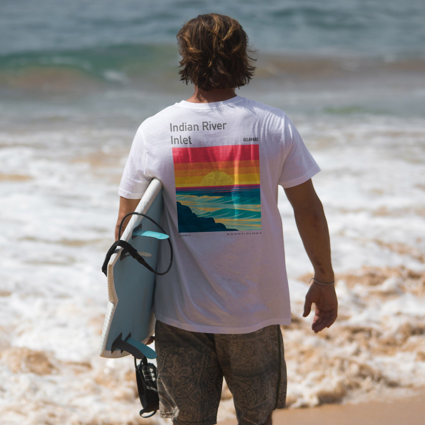 Indian River Inlet Surf T-Shirt | Delaware Coast Wave Art Tee — design printed on the back of the t-shirt