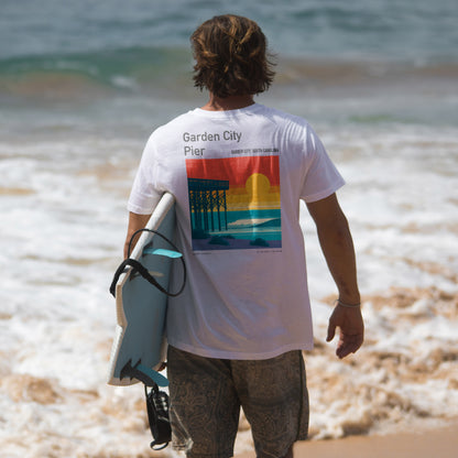 Garden City Pier Surf T-Shirt | Low Country Wave Art Tee — design printed on the back of the t-shirt