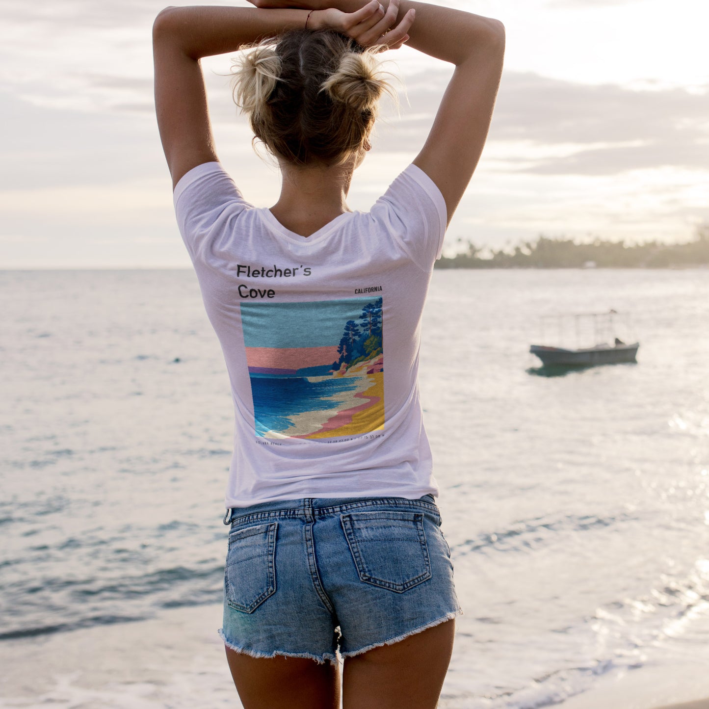 Fletcher's Cove Surf T-Shirt | Coastal Wave Art Tee — design printed on the back of the t-shirt