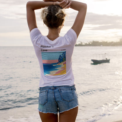 Fletcher's Cove Surf T-Shirt | Coastal Wave Art Tee — design printed on the back of the t-shirt