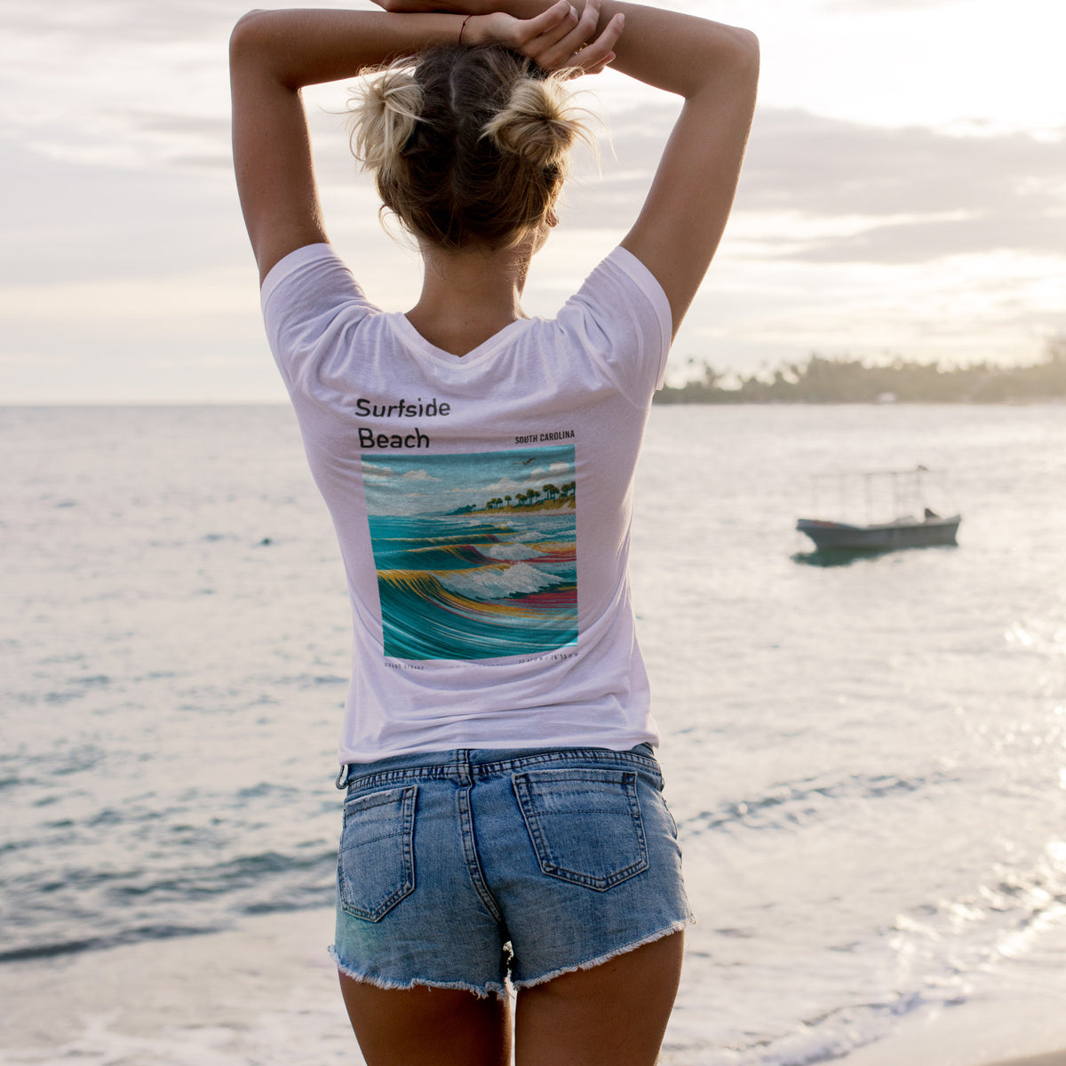 Surfside Beach Surf T-Shirt | South Carolina Shore Wave Tee — design printed on the back of the t-shirt
