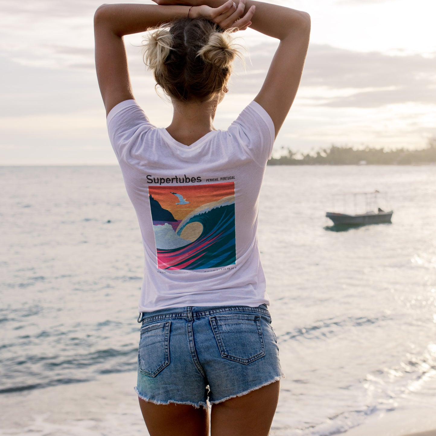 Supertubes Surf T-Shirt | Portuguese Barrel Wave Art Tee — design printed on the back of the t-shirt