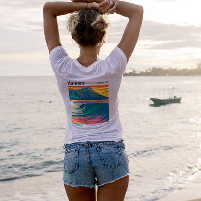 Kaisers Surf T-Shirt | Hawaiian Reef Break Wave Art — design printed on the back of the t-shirt