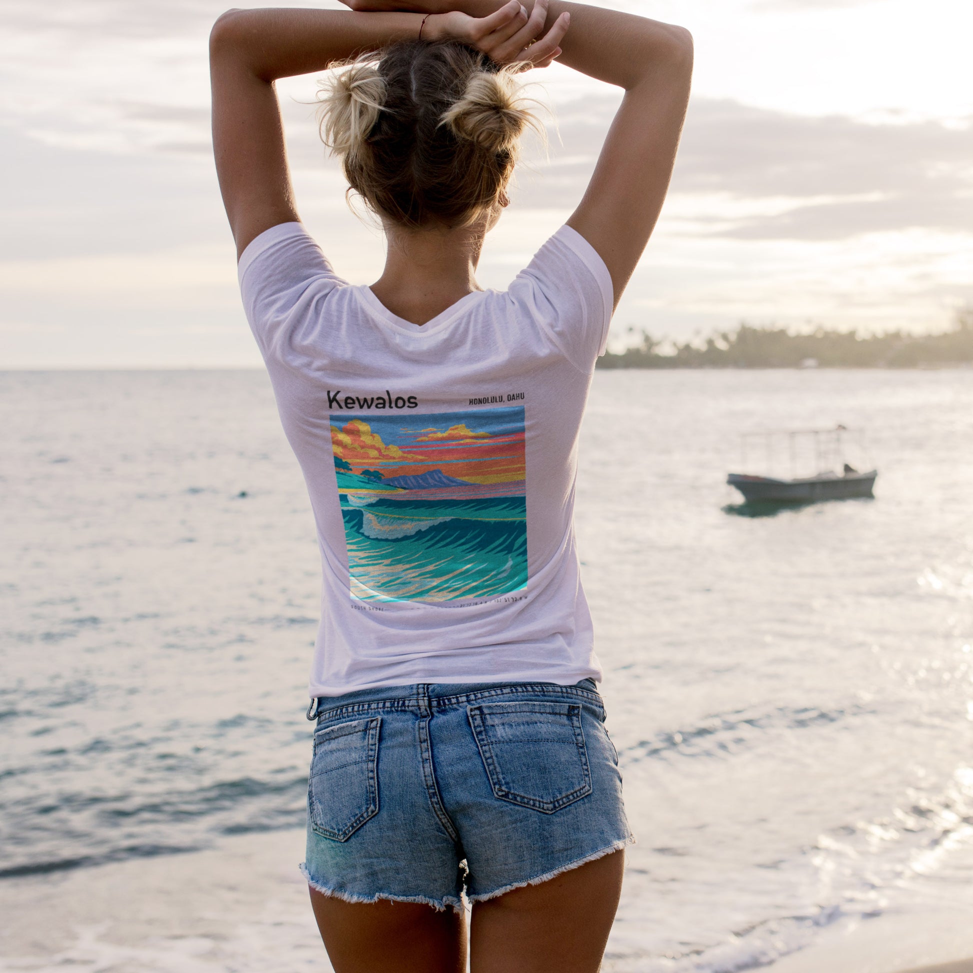 Kewalos Surf T-Shirt | Honolulu Break Wave Art Tee — design printed on the back of the t-shirt