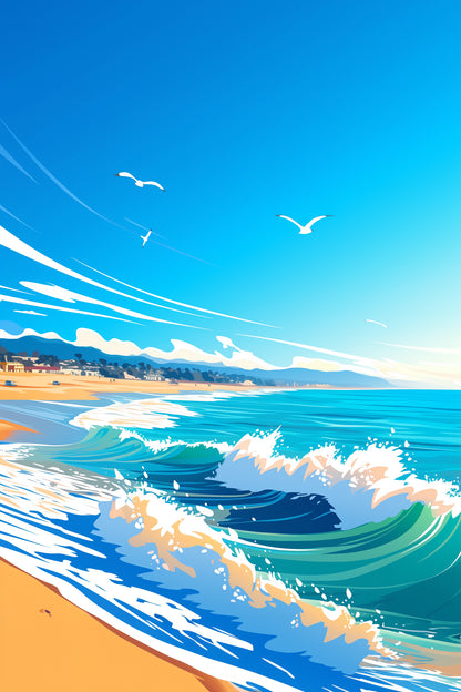 Illustrated beach scene with vibrant blue waves crashing onto a sandy shore, seagulls soaring in a clear sky, and distant hills along the coastline.