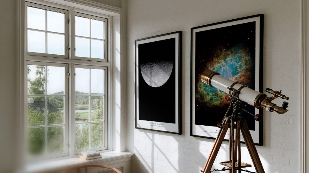 NASA space prints hanging in a sunlit room with a brass telescope